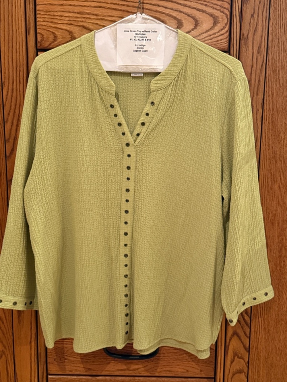 Light Green Textured Waffle Knit Button-Trim Top